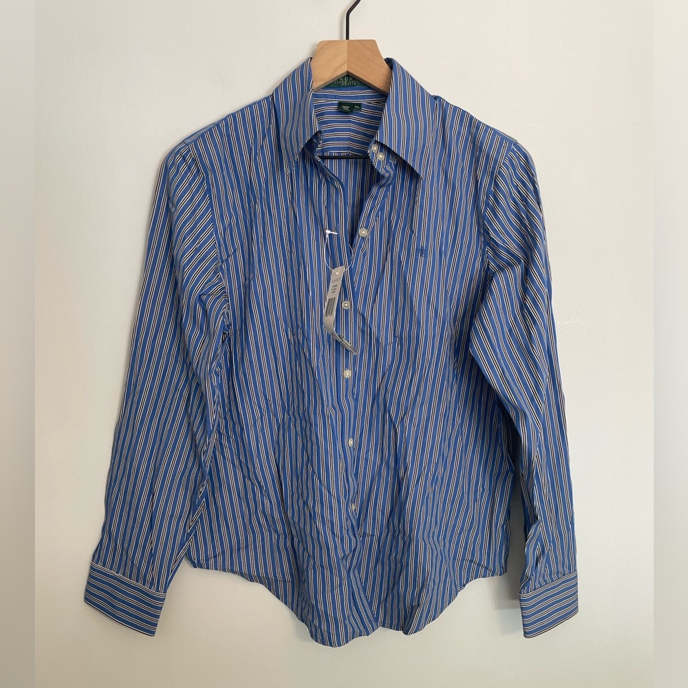 Ralph Lauren Pinstripe Royal Blue Button Down with Pearlized Button Sleeves